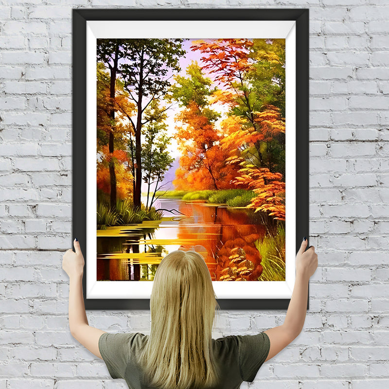 Wald am Fluss im Herbst Diamond Painting