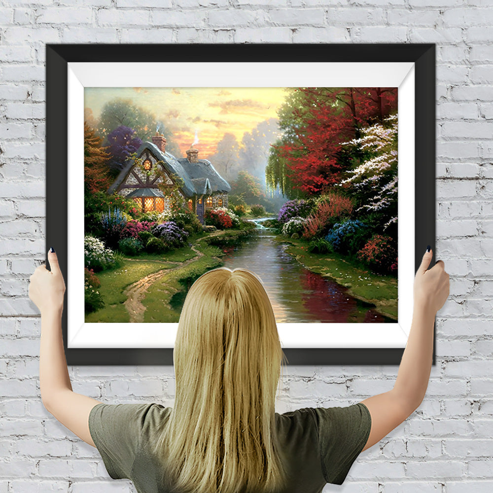 Wald, Fluss und Steinhaus Diamond Painting