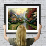 Wald, Fluss und Steinhaus Diamond Painting