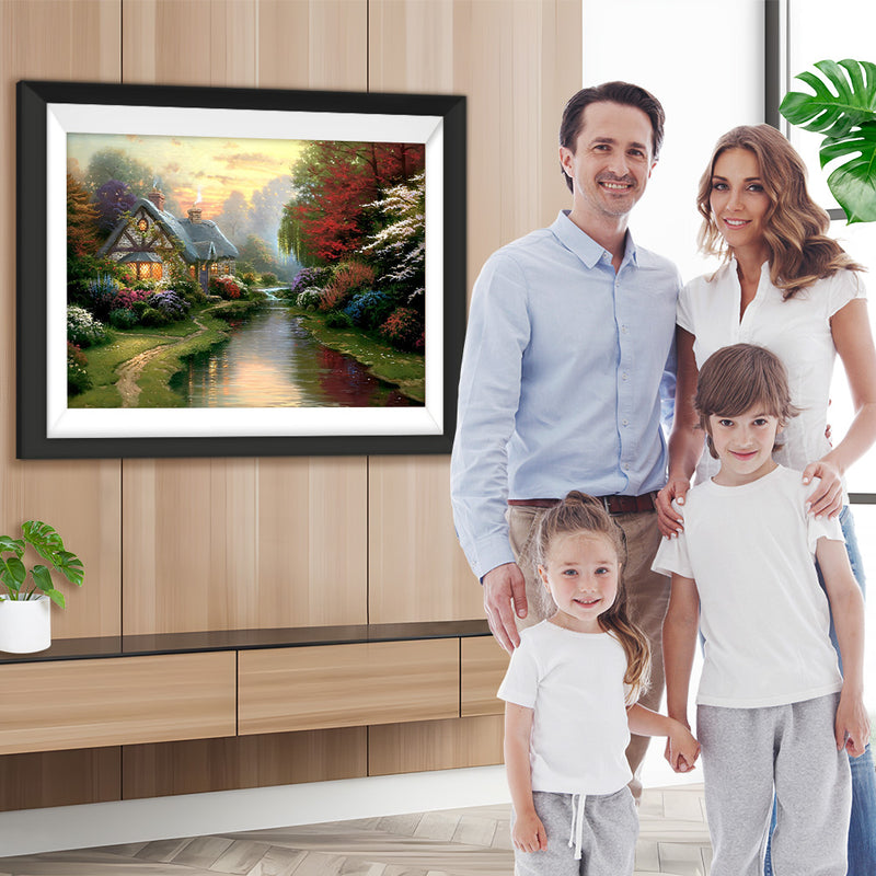 Wald, Fluss und Steinhaus Diamond Painting