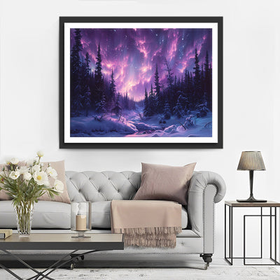 Wald mit violettem Polarlicht Diamond Painting