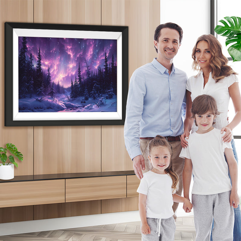 Wald mit violettem Polarlicht Diamond Painting