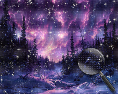Wald mit violettem Polarlicht Diamond Painting