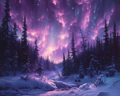Wald mit violettem Polarlicht Diamond Painting