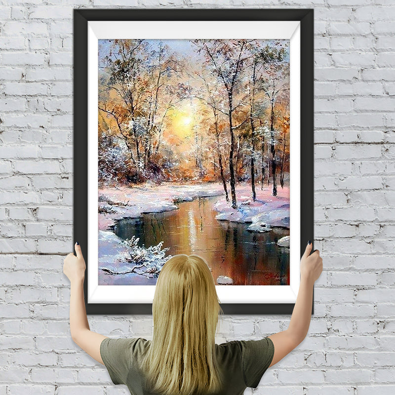 Wald und Fluss im Winter Diamond Painting