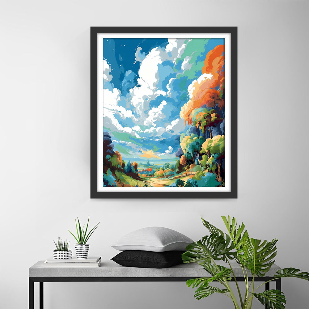 Wald unter den bunten Wolken Diamond Painting