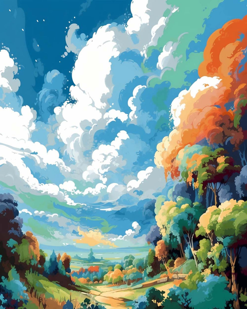 Wald unter den bunten Wolken Diamond Painting