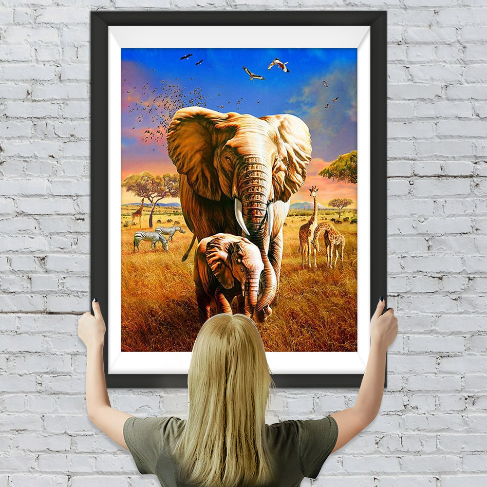 Wandernde Elefanten auf der Wiese Diamond Painting