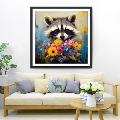Waschbär hält einen Blumenstrauß Diamond Painting