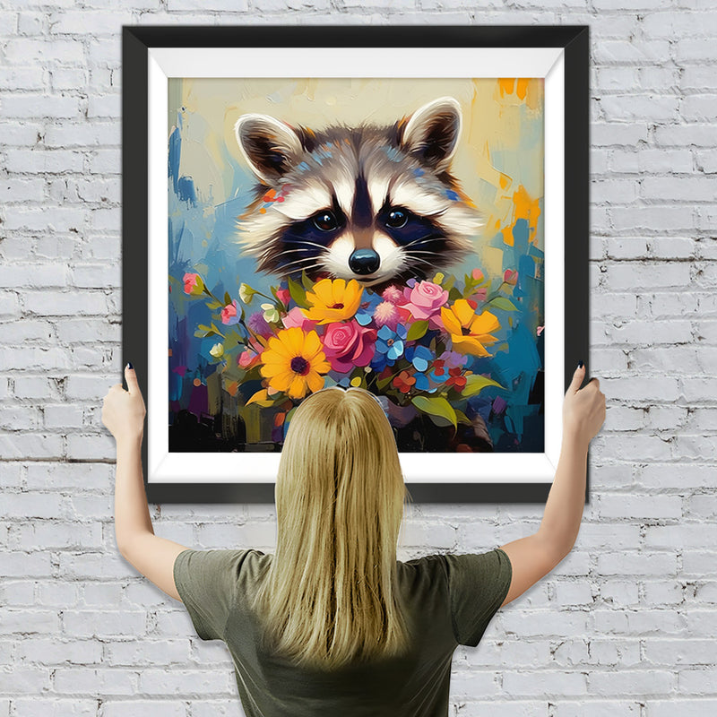 Waschbär hält einen Blumenstrauß Diamond Painting