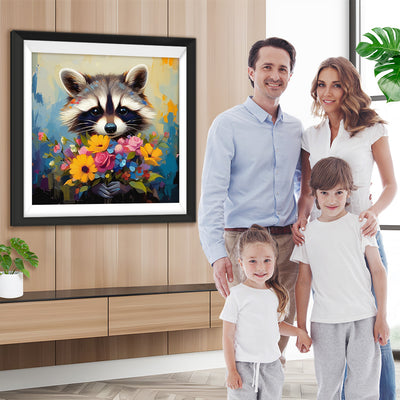 Waschbär hält einen Blumenstrauß Diamond Painting