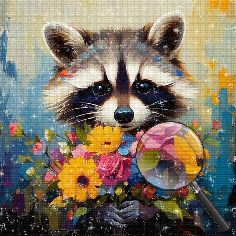Waschbär hält einen Blumenstrauß Diamond Painting