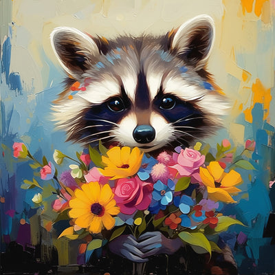 Waschbär hält einen Blumenstrauß Diamond Painting