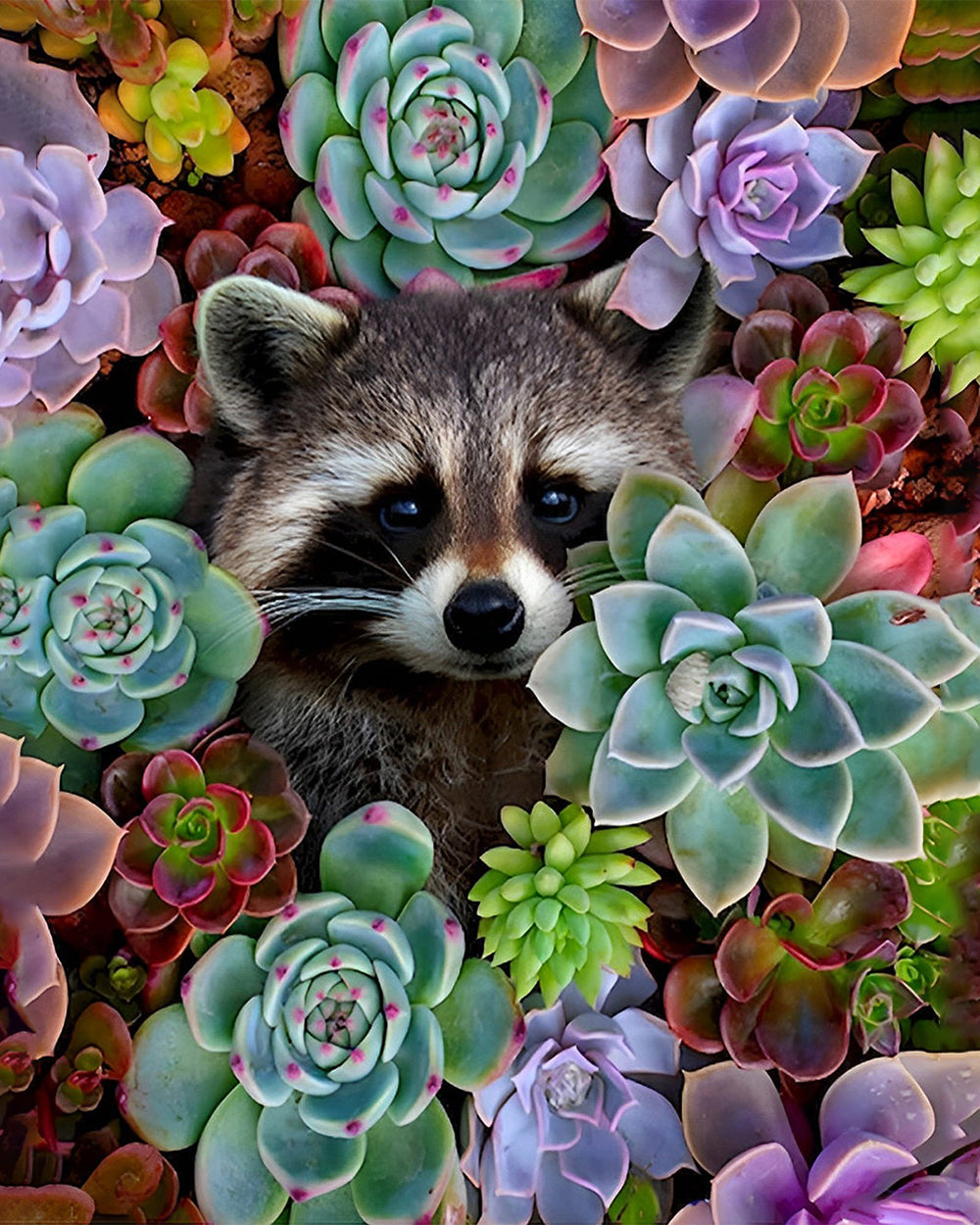 Waschbär zwischen Sukkulenten Diamond Painting