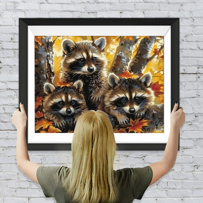 Waschbären und Ahornblätter Diamond Painting