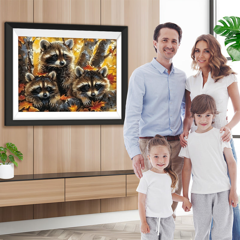 Waschbären und Ahornblätter Diamond Painting