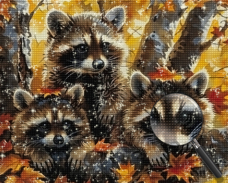 Waschbären und Ahornblätter Diamond Painting
