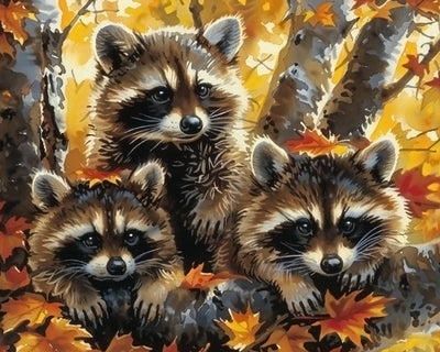 Waschbären und Ahornblätter Diamond Painting