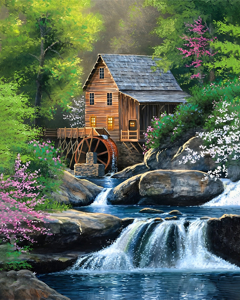 Wassermühle im Sommerwald Diamond Painting
