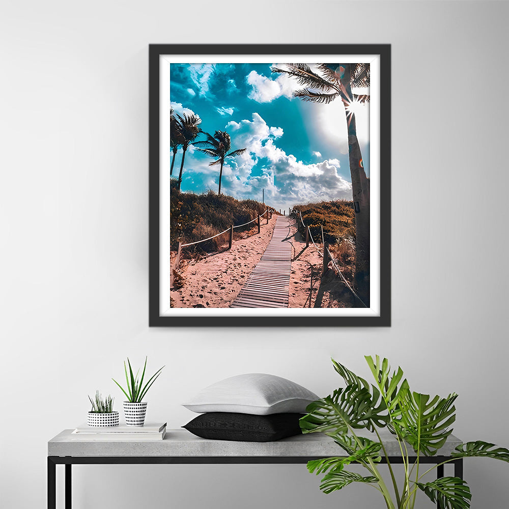 Weg und Palmen unter blauem Himmel Diamond Painting