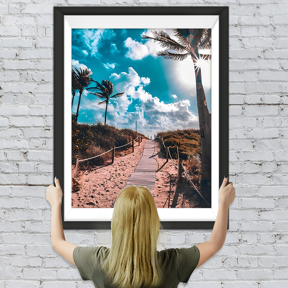 Weg und Palmen unter blauem Himmel Diamond Painting