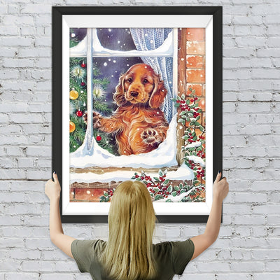 Weihnachten Hund Fenster Diamond Painting