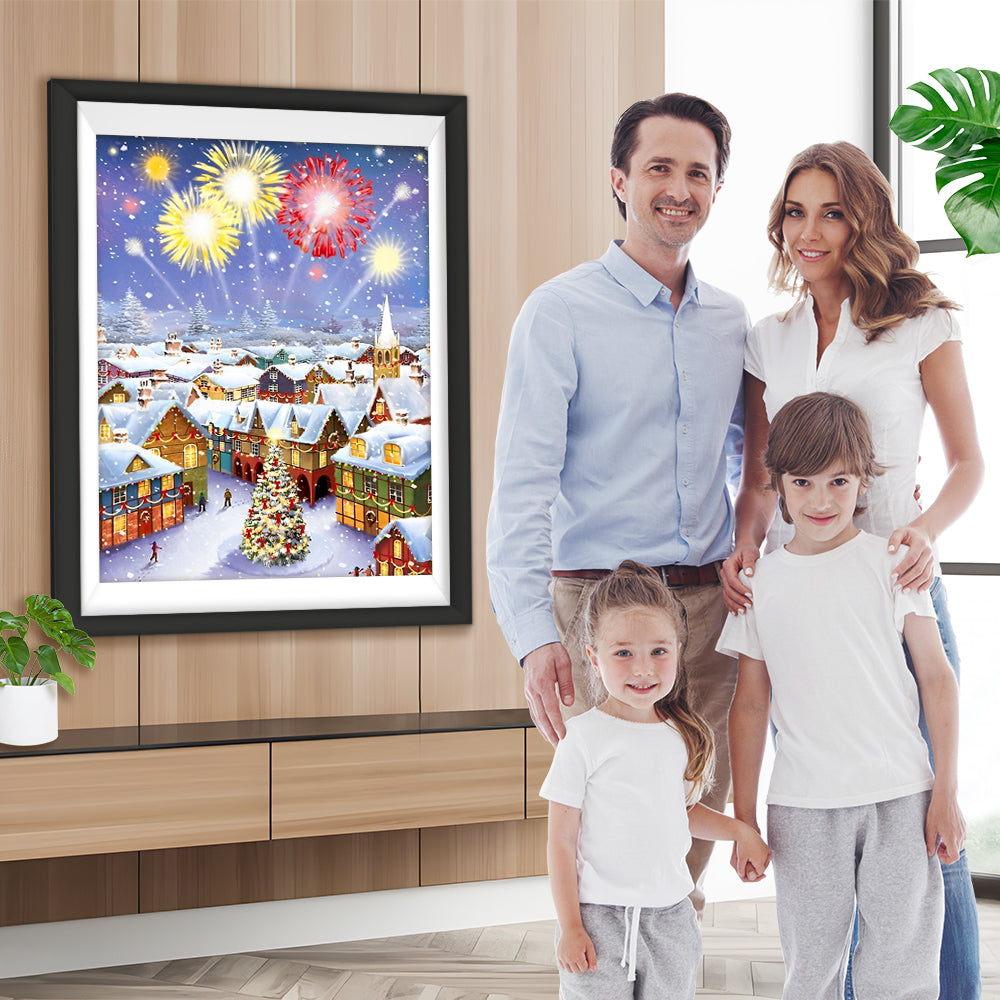 Weihnachtliche Stadt mit Feuerwerk Diamond Painting