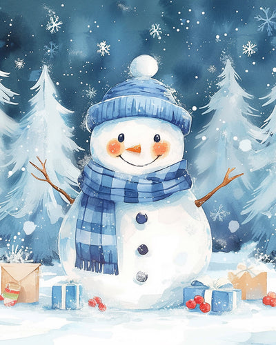 Weihnachtlicher Schneemann mit Blauer Mütze und Schal Diamond Painting