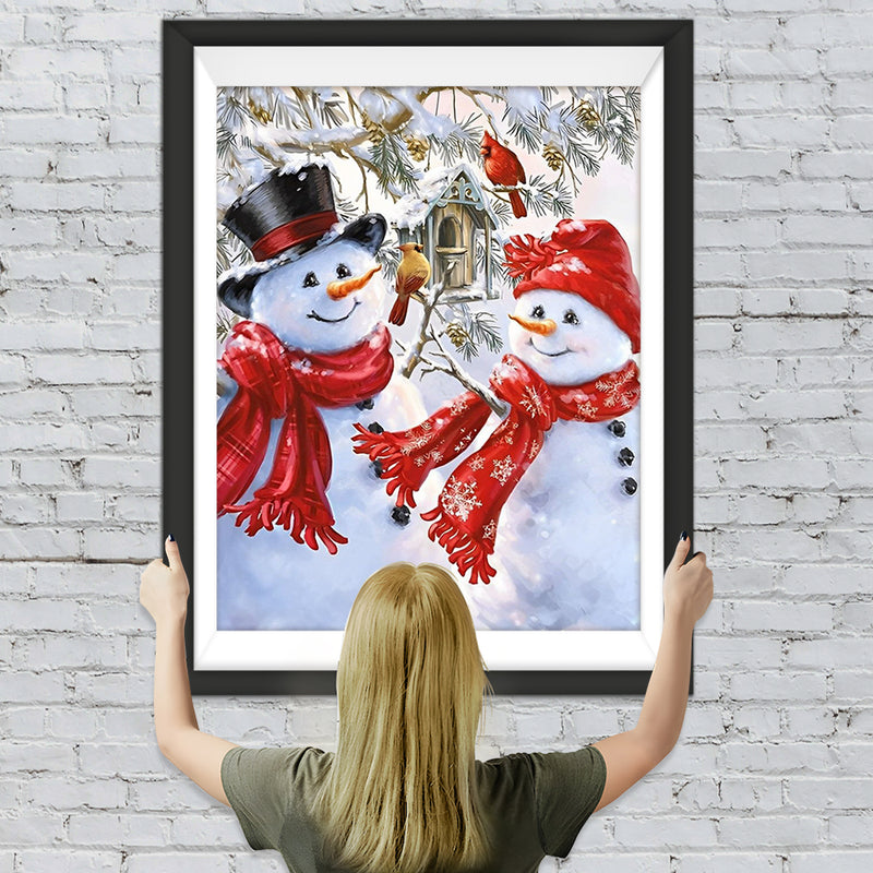 Weihnachtlicher Schneemann mit Schal und Vögel Diamond Painting