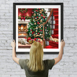 Weihnachtsbaum, Kamin, Katze und Hund Diamond Painting