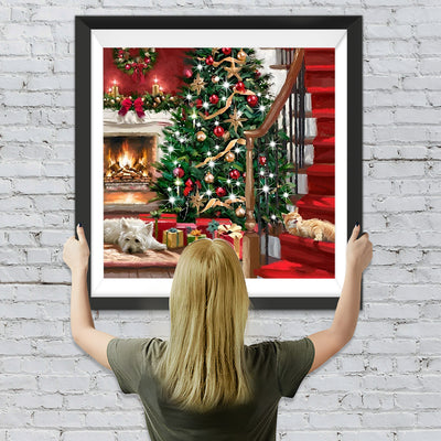 Weihnachtsbaum, Kamin, Katze und Hund Diamond Painting