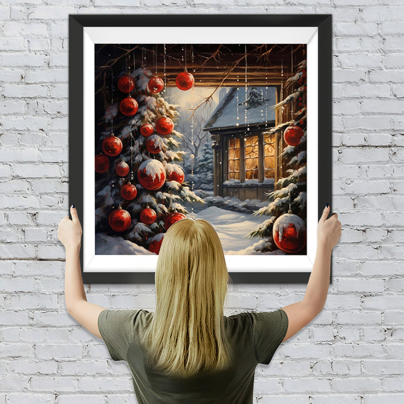 Weihnachtsbaum und Blockhaus Diamond Painting