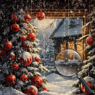 Weihnachtsbaum und Blockhaus Diamond Painting