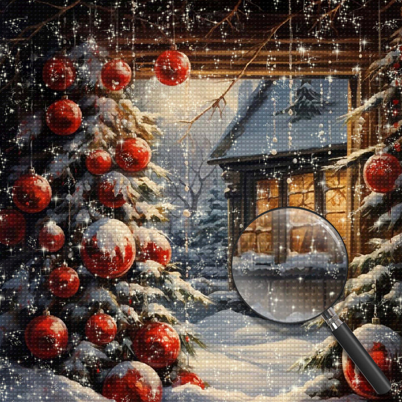 Weihnachtsbaum und Blockhaus Diamond Painting