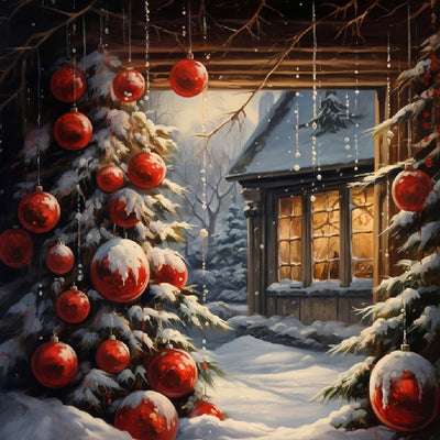 Weihnachtsbaum und Blockhaus Diamond Painting