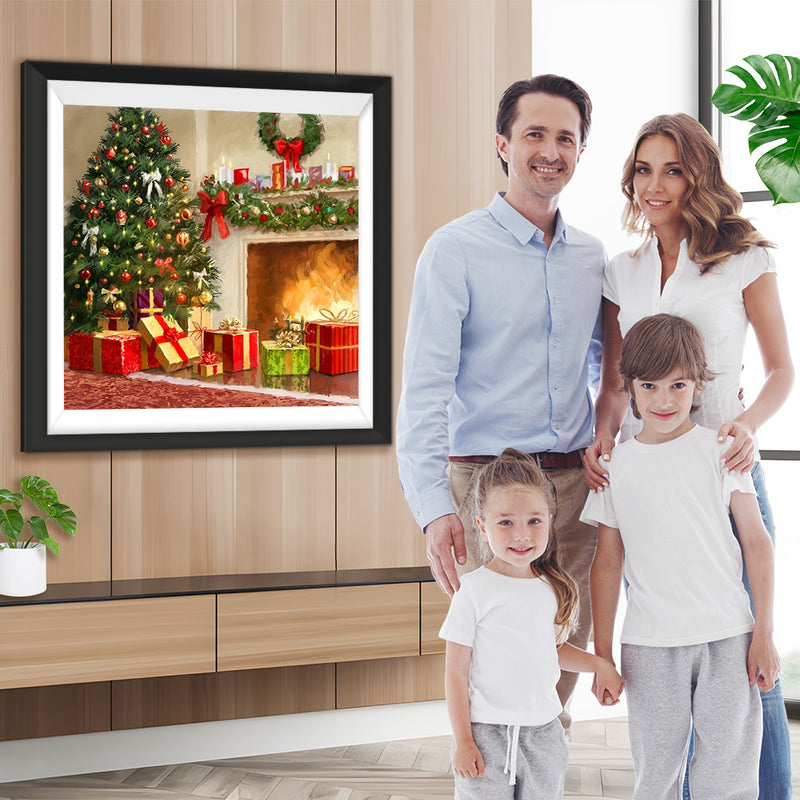 Weihnachtsbaum und Geschenke neben dem Kamin Diamond Painting