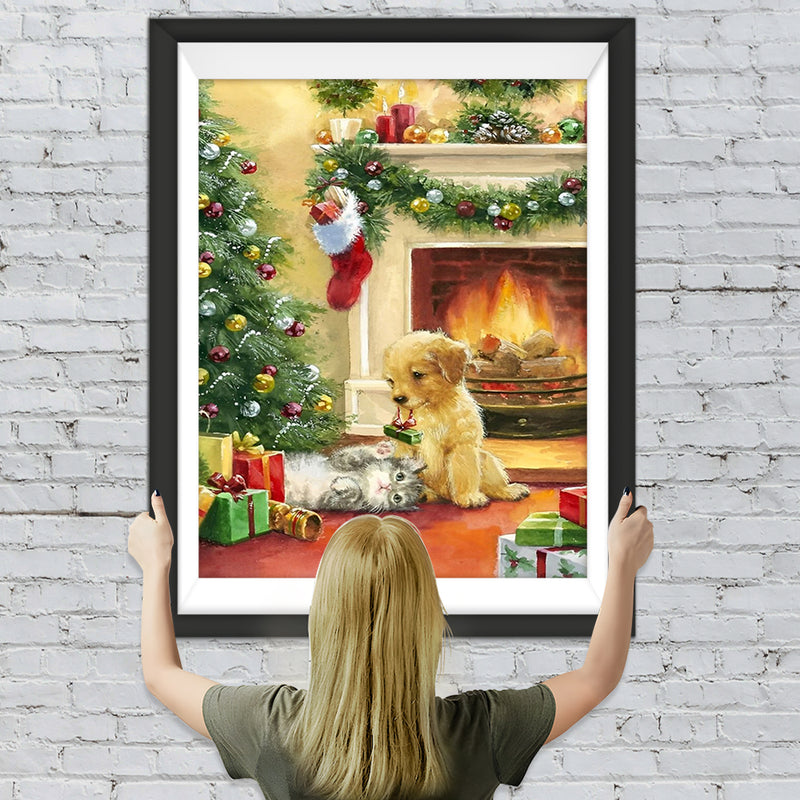 Weihnachtsbaum und Hund am Kamin Diamond Painting