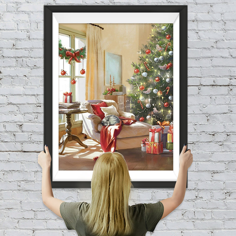 Weihnachtsbaum und schlafende Katze Diamond Painting