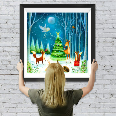 Weihnachtsbaum und Tiere im Wald Diamond Painting