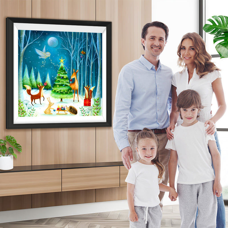 Weihnachtsbaum und Tiere im Wald Diamond Painting