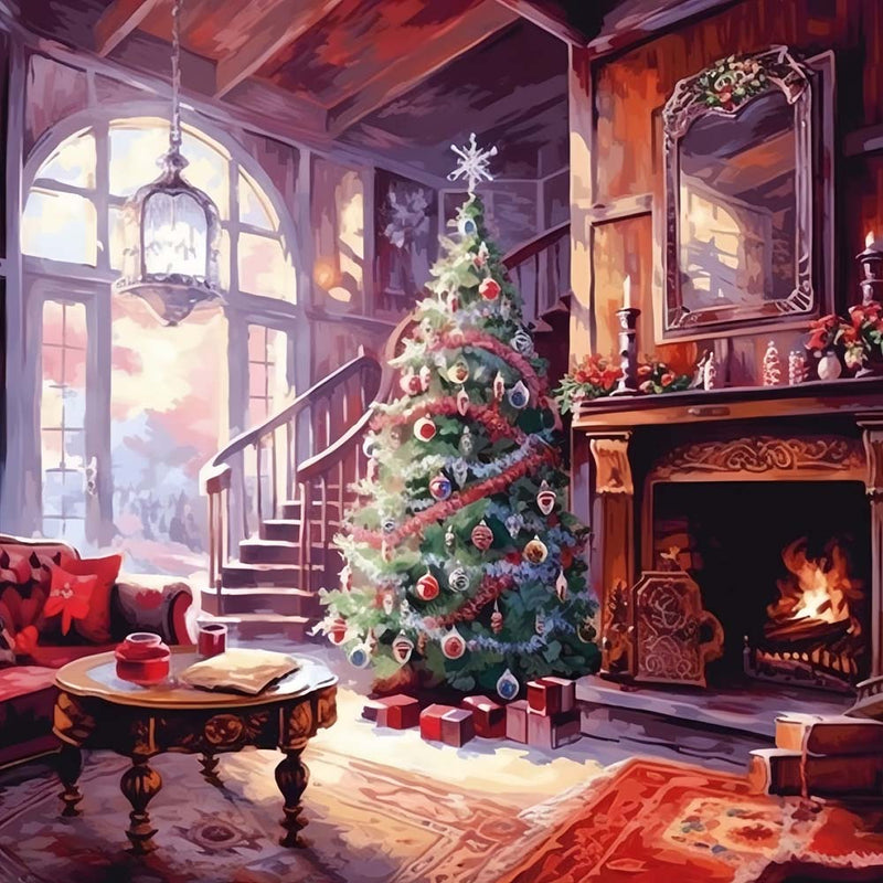 Weihnachtsbaum vor dem Kamin Diamond Painting