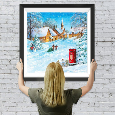 Weihnachtsdorf mit Briefkasten und Schneemann Diamond Painting