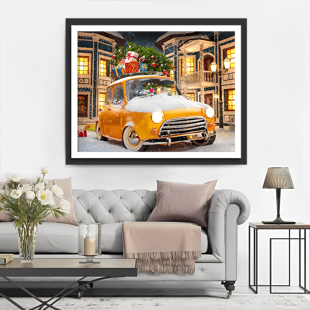 Weihnachtsgeschenke auf einem gelben Auto im Schnee Diamond Painting