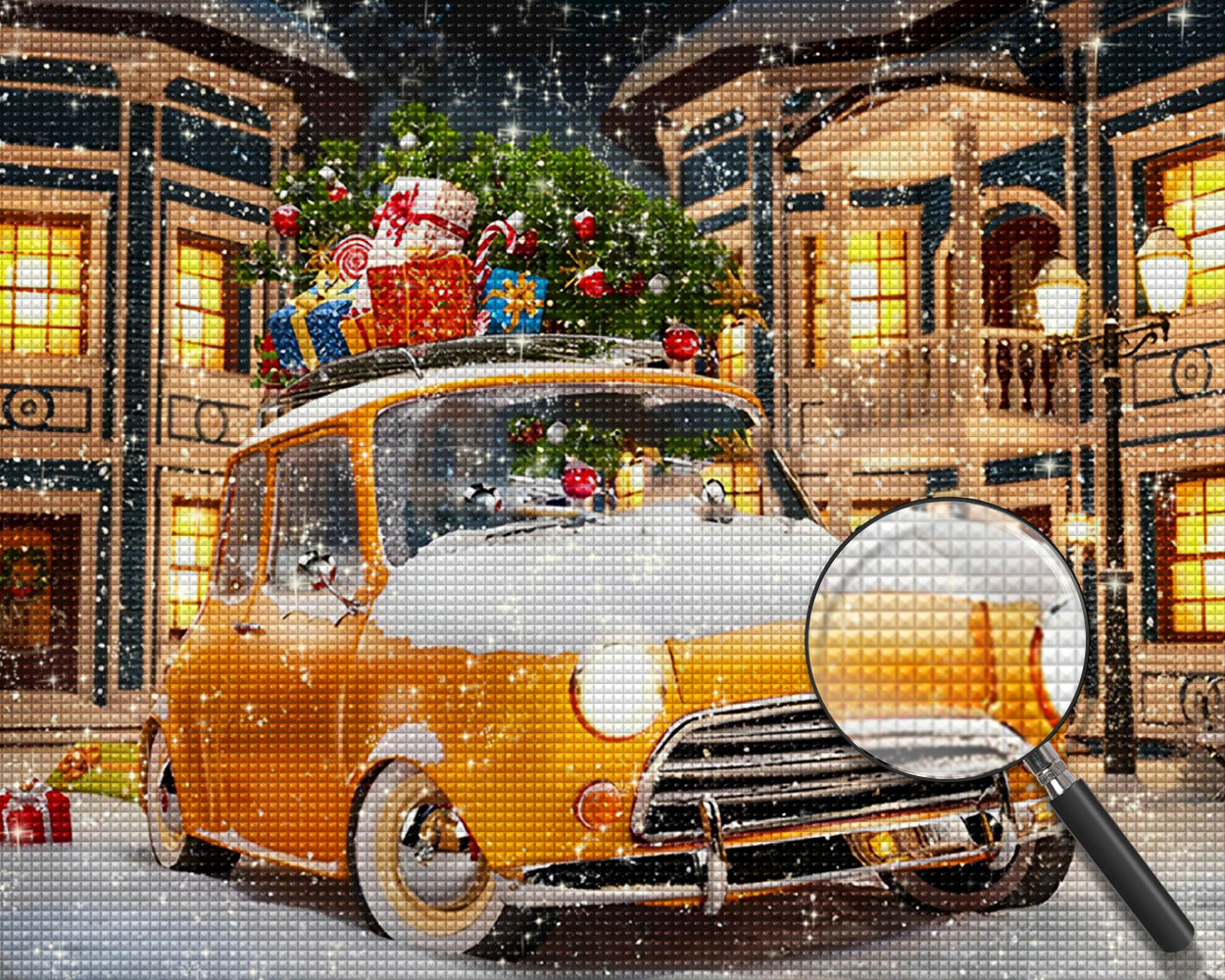 Weihnachtsgeschenke auf einem gelben Auto im Schnee Diamond Painting