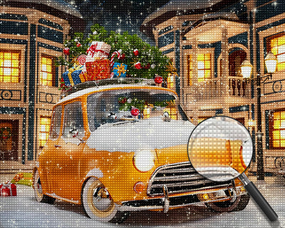 Weihnachtsgeschenke auf einem gelben Auto im Schnee Diamond Painting