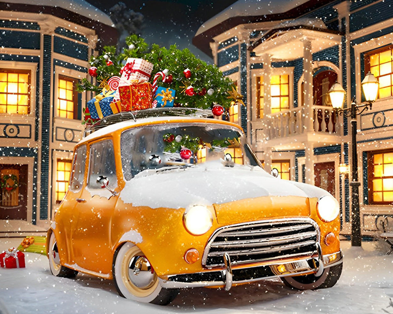 Weihnachtsgeschenke auf einem gelben Auto im Schnee Diamond Painting