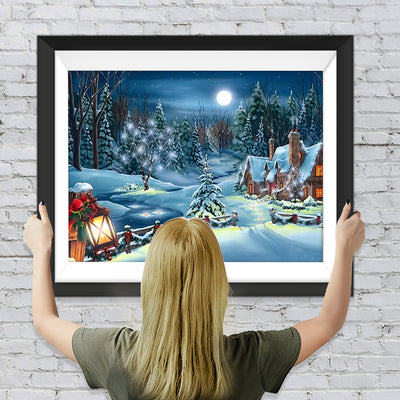 Weihnachtshütte unter dem Vollmond im Winter Diamond Painting