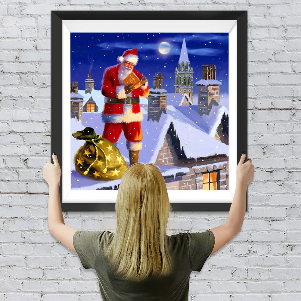 Weihnachtsmann mit Geschenken auf dem Dach Diamond Painting