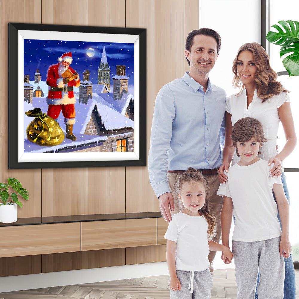 Weihnachtsmann mit Geschenken auf dem Dach Diamond Painting