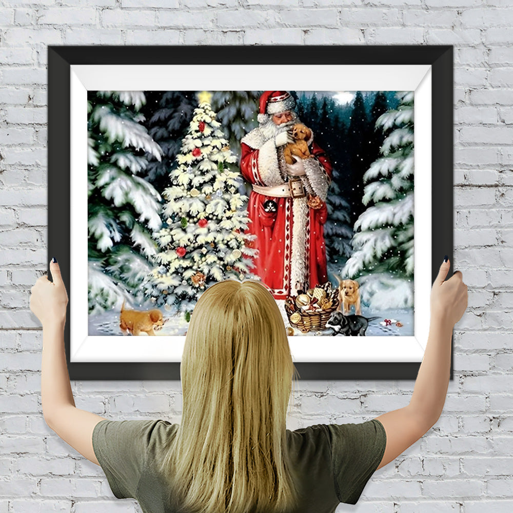 Weihnachtsmann mit Hund neben dem Weihnachtsbaum Diamond Painting